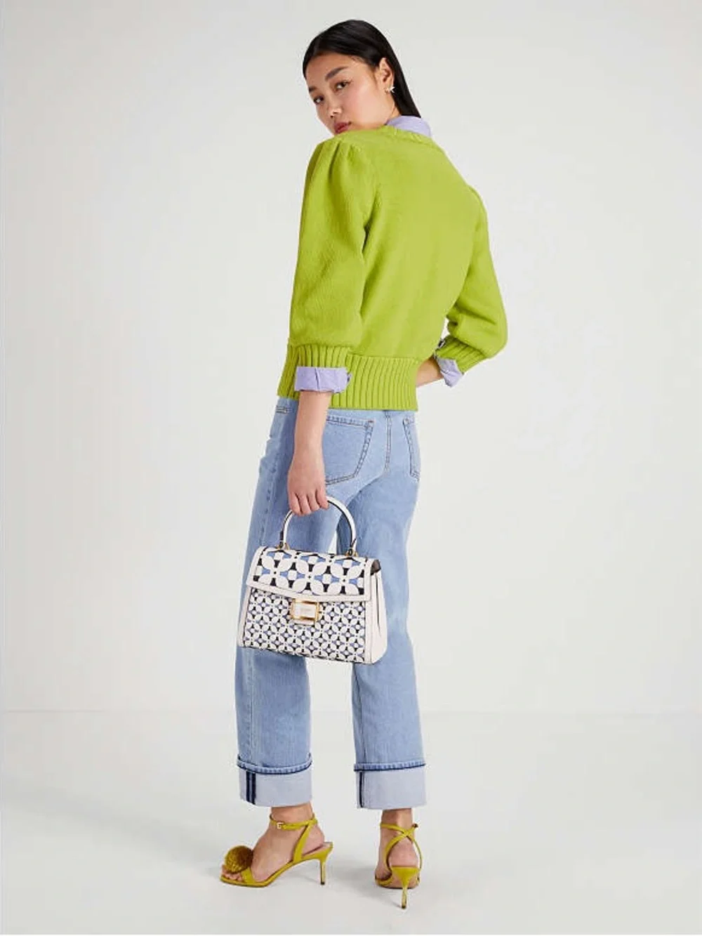 KATE SPADE Dragonfly Embellished Beaded Cotton Knit Sweater In Lime Zest - XS